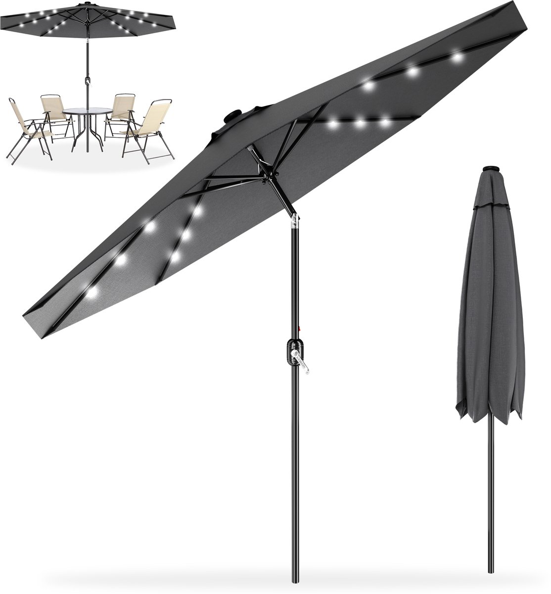 Zweefparasol / Hangparasol 300 cm - Voor Tuin, Terras, Balkon & Lounge - Draaibaar - Optioneel met LED Verlichting - Aluminium Mast - UV-bestendig - Donkergrijs (0758548725502)