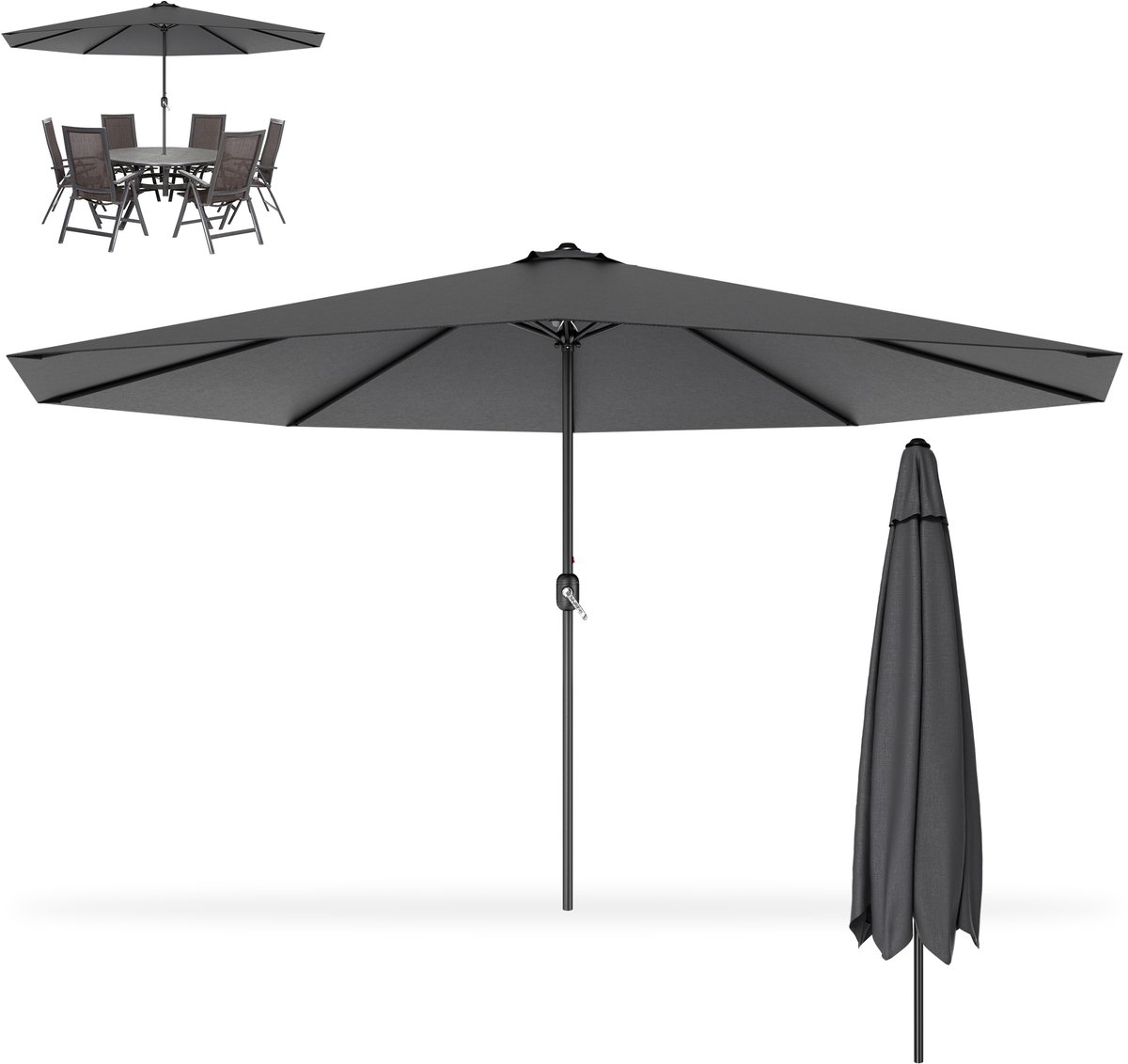 Zweefparasol / Hangparasol 350 cm - Voor Tuin, Terras, Balkon & Lounge - Vast - Aluminium Mast - UV-bestendig - Donkergrijs (0758548725526)