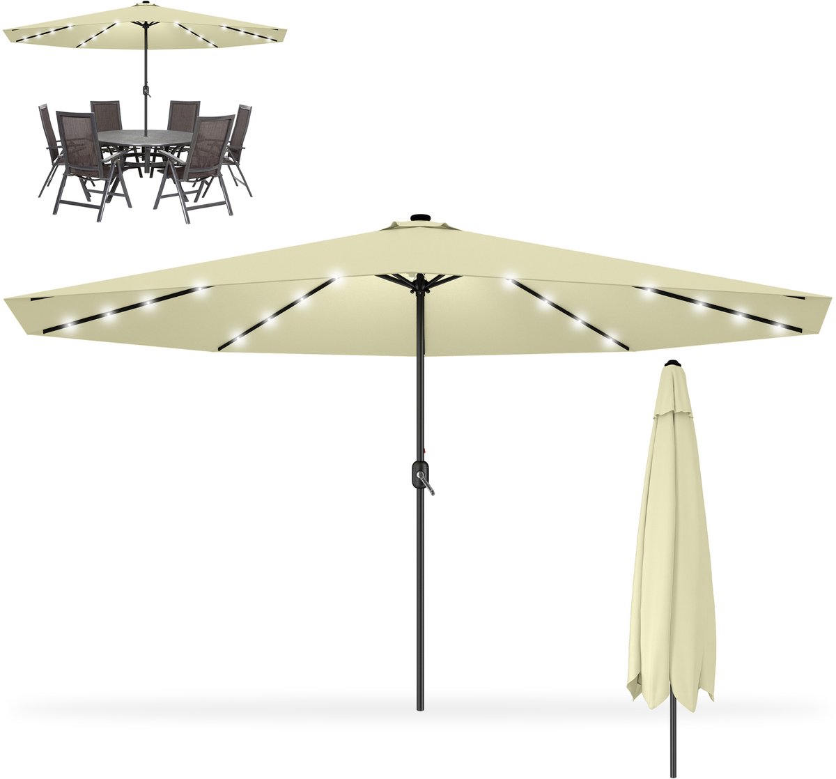 Zweefparasol / Hangparasol 350 cm - Voor Tuin, Terras, Balkon & Lounge - Vast - Optioneel met LED Verlichting - Aluminium Mast - UV-bestendig - Beige (0758548725557)