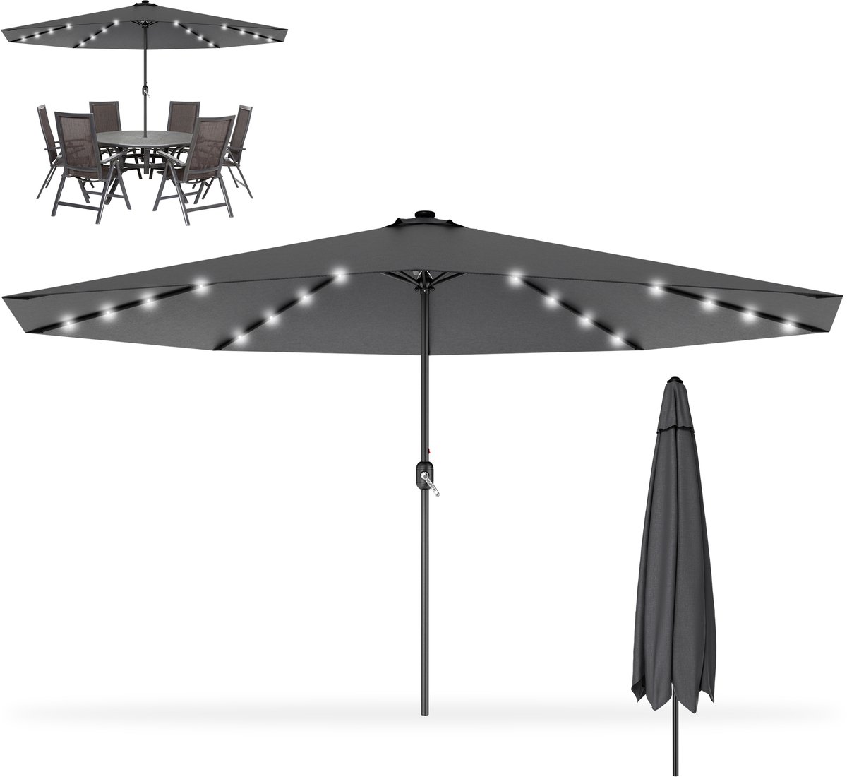 Zweefparasol / Hangparasol 350 cm - Voor Tuin, Terras, Balkon & Lounge - Vast - Optioneel met LED Verlichting - Aluminium Mast - UV-bestendig - Donkergrijs (0758548725540)
