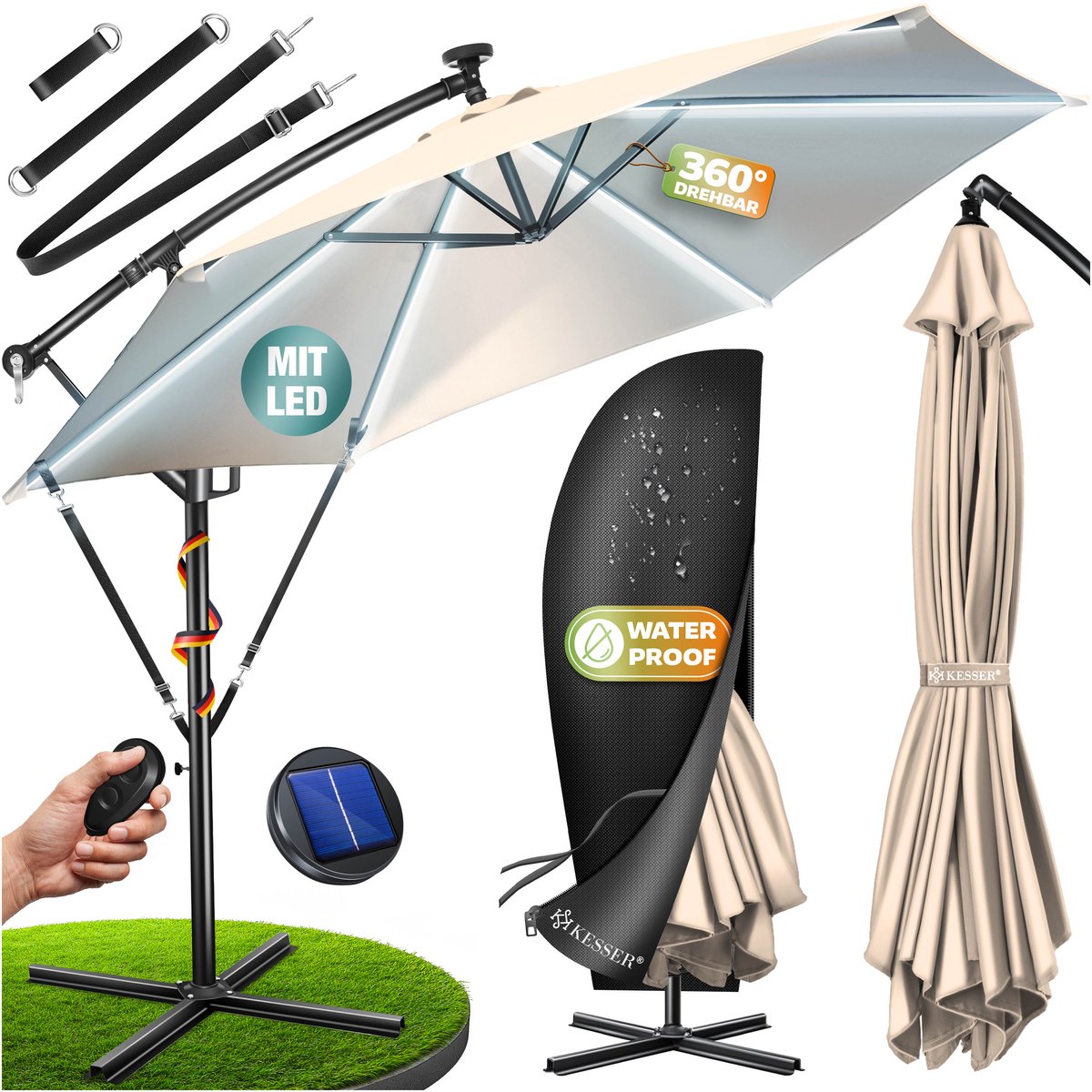 KESSER® Zweefparasol met LED Solar Verlichting en voet 350cm x 350cm - Parasol 360° Draaibaar Incl. Beschermhoes Tuinparasol Zonne-energie - Beige Ø 3,5m (4260598874674)