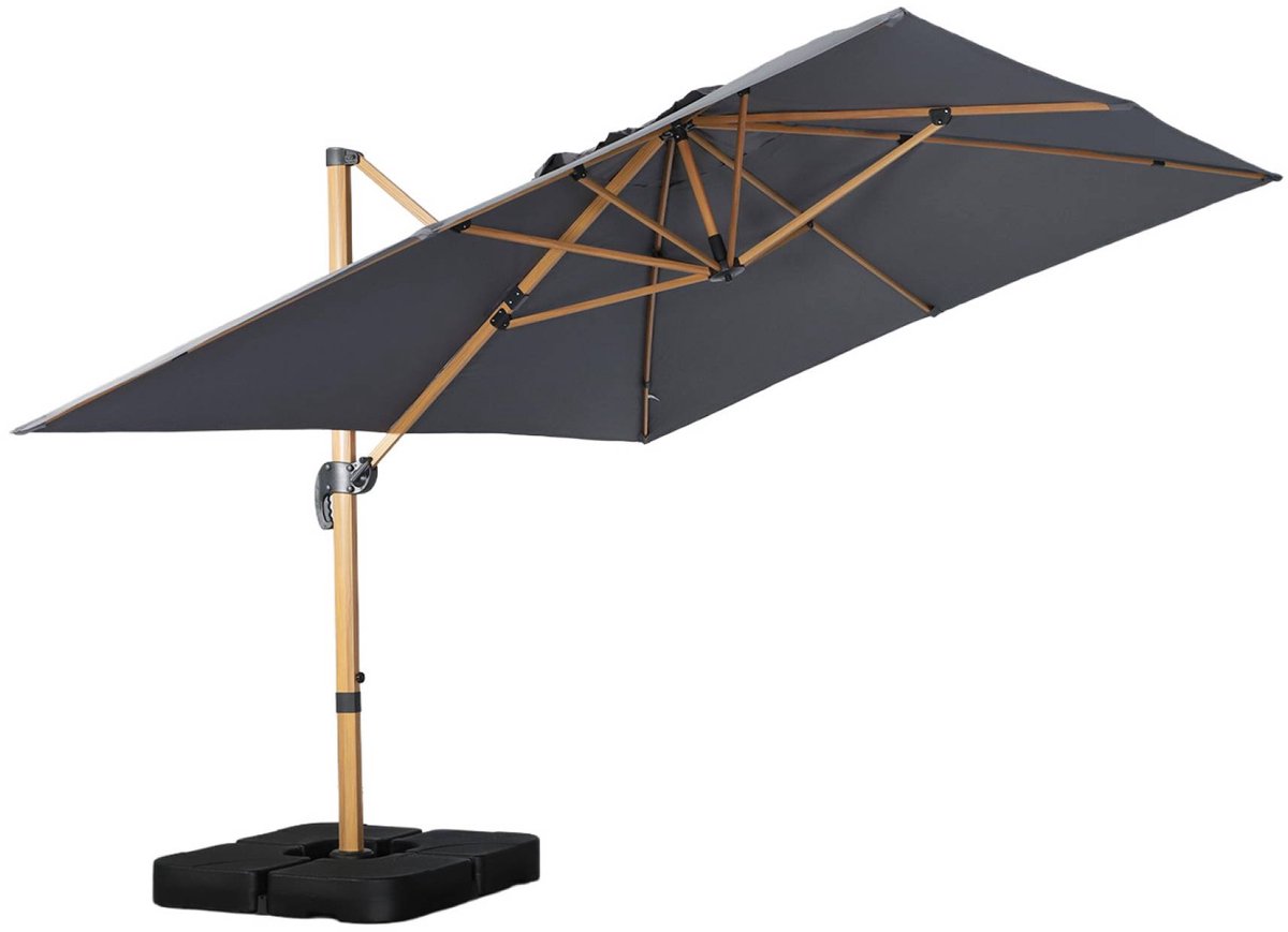sweeek - Rechthoekige zweefparasol 4x3m met houtlook mast + ballasttegels 50x50cm - wimereux + fixeo (3701672531553)
