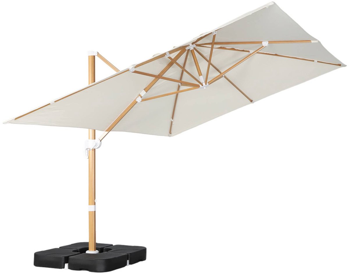 sweeek - Rechthoekige zweefparasol 4x3m met houtlook mast + ballasttegels 50x50cm - wimereux + fixeo (3701672531560)