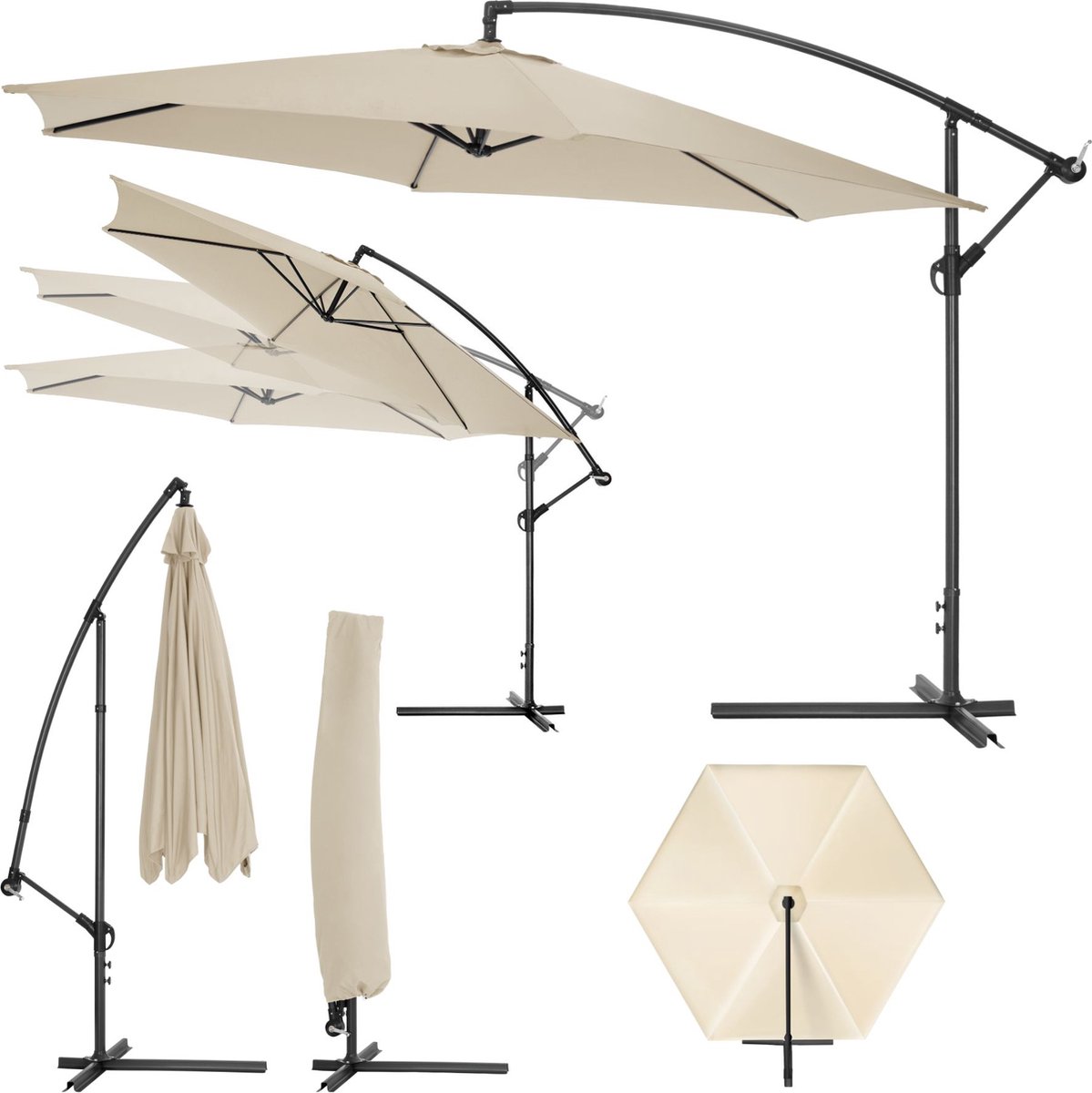 tectake®- Parasol met Standaard 350 cm - Zonwering voor Balkons, Tuinen en Terrassen - Inclusief Beschermhoes - Grote Zweefparasol met Zwengelsysteem - Stevig Frame - Beige (4260182874127)