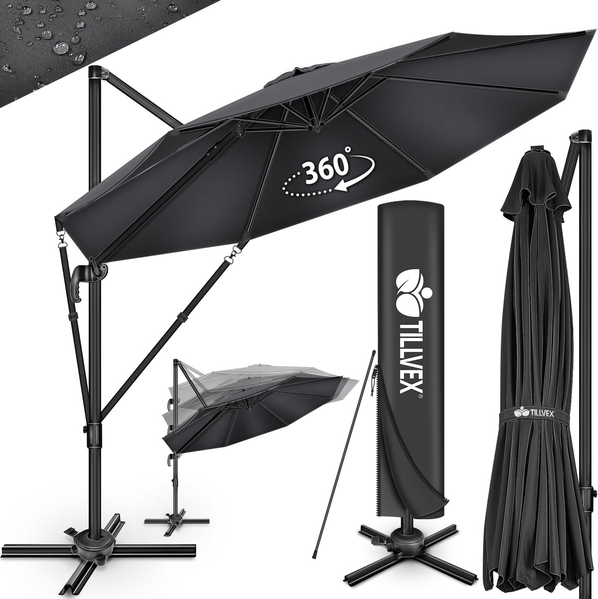 tillvex Premium zeshoekige zweefparasol 330 cm met zwengel | Met afdekking en windbescherming | 7-voudig verstelbare crankparasol | Tuinparasol van aluminium, 360 graden draaibaar, Antraciet/zonder (4262436442298)