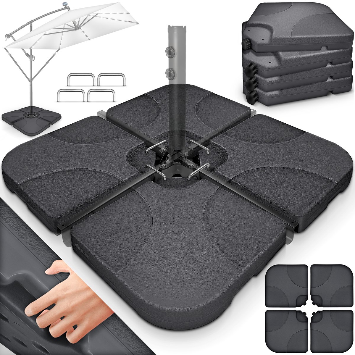 tillvex® Parasolstandaard 60 liter / 80 kg, 4-delig voor zweefparasol, incl. metalen verbindingsstukken, parasolgewicht kan worden gevuld met water of zand, parasolstandaard, weerbestendig (4262436444391)