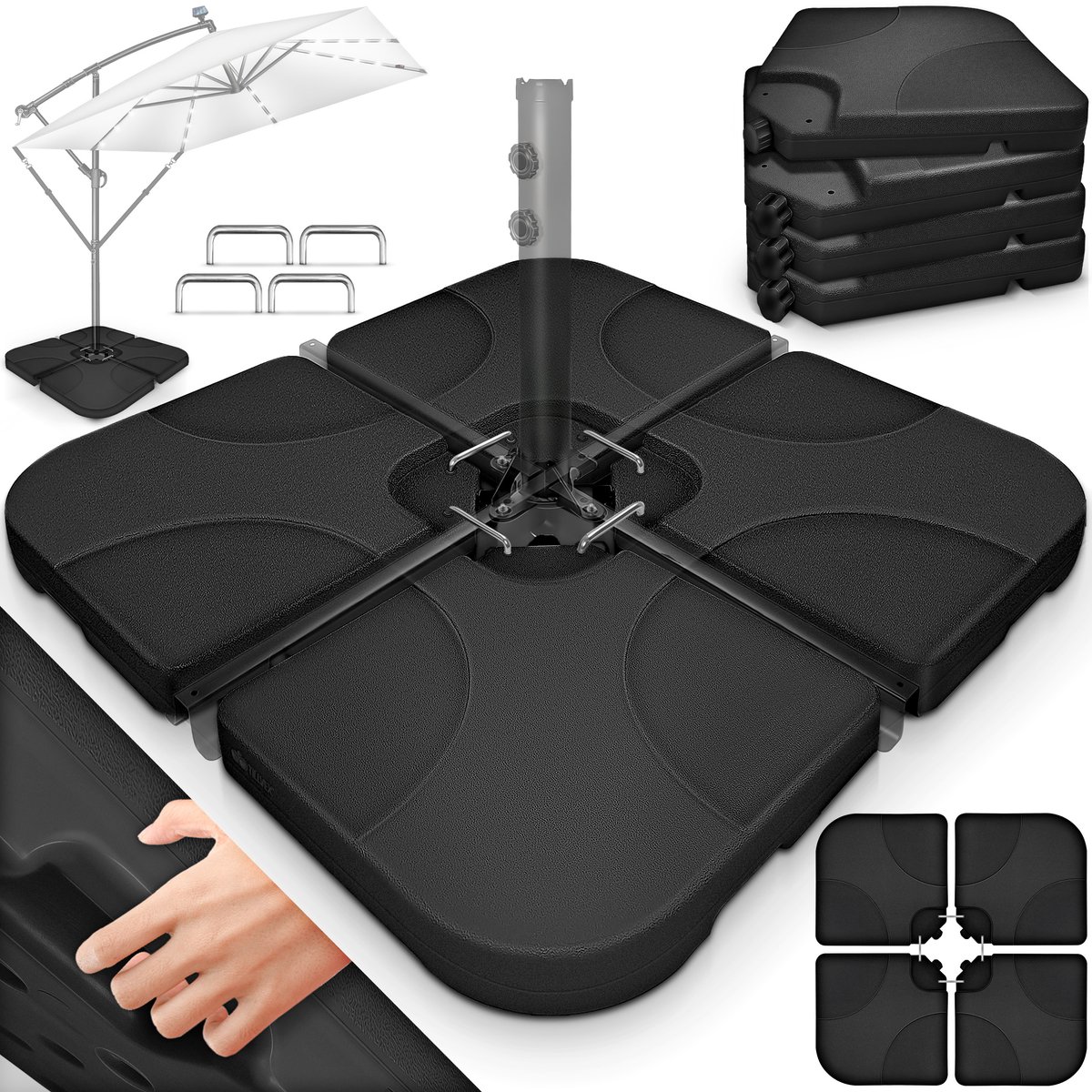 tillvex® Parasolstandaard 60 liter / 80 kg, 4-delig voor zweefparasol, incl. metalen verbindingsstukken, parasolgewicht kan worden gevuld met water of zand, parasolstandaard, weerbestendig (4262436444414)