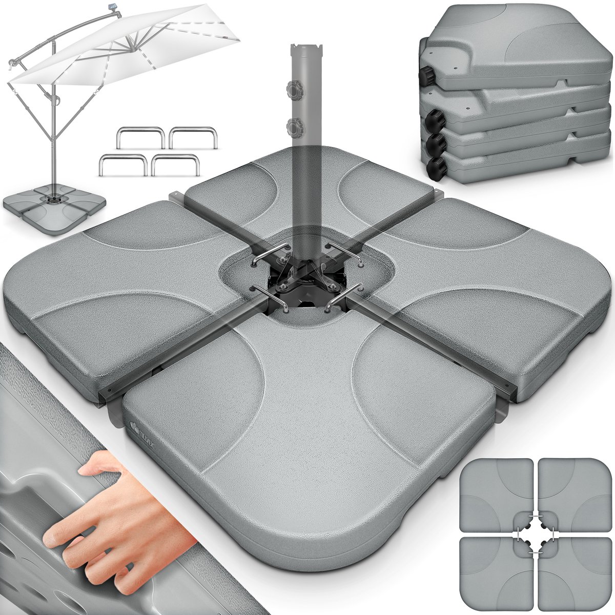 tillvex® Parasolstandaard 60 liter / 80 kg, 4-delig voor zweefparasol, incl. metalen verbindingsstukken, parasolgewicht kan worden gevuld met water of zand, parasolstandaard, weerbestendig (4262436444407)