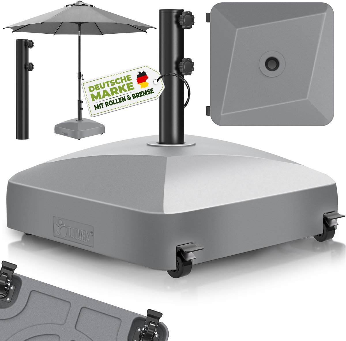 tillvex® Parasolvoet GRAVIA met wielen & remmen | Parasolstandaard vulbaar 37L / 56kg | Parasol Gewicht voor stokparasol & marktparasol Ø 1,8-3,7m | Weerbestendig & UV-bestendig (Grijs) (4262498583786)