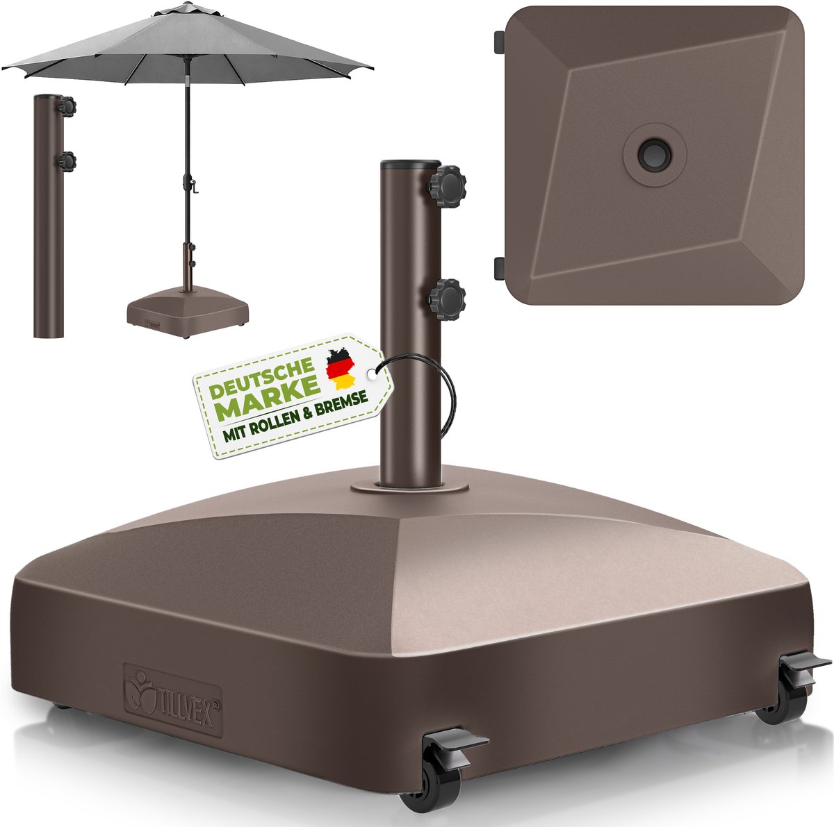 tillvex® Parasolvoet GRAVIA met wielen & remmen | Parasolstandaard vulbaar 37L / 56kg | Parasol Gewicht voor stokparasol & marktparasol Ø 1,8-3,7m | Weerbestendig & UV-bestendig (Bruin) (4262498583793)