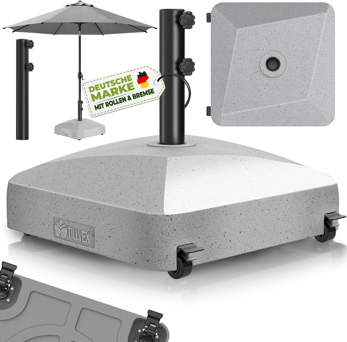 tillvex® Parasolvoet GRAVIA met wielen & remmen | Parasolstandaard vulbaar 37L / 56kg | Parasol Gewicht voor stokparasol & marktparasol Ø 1,8-3,7m | Weerbestendig & UV-bestendig (Graniet-Optiek) (4262498581829)