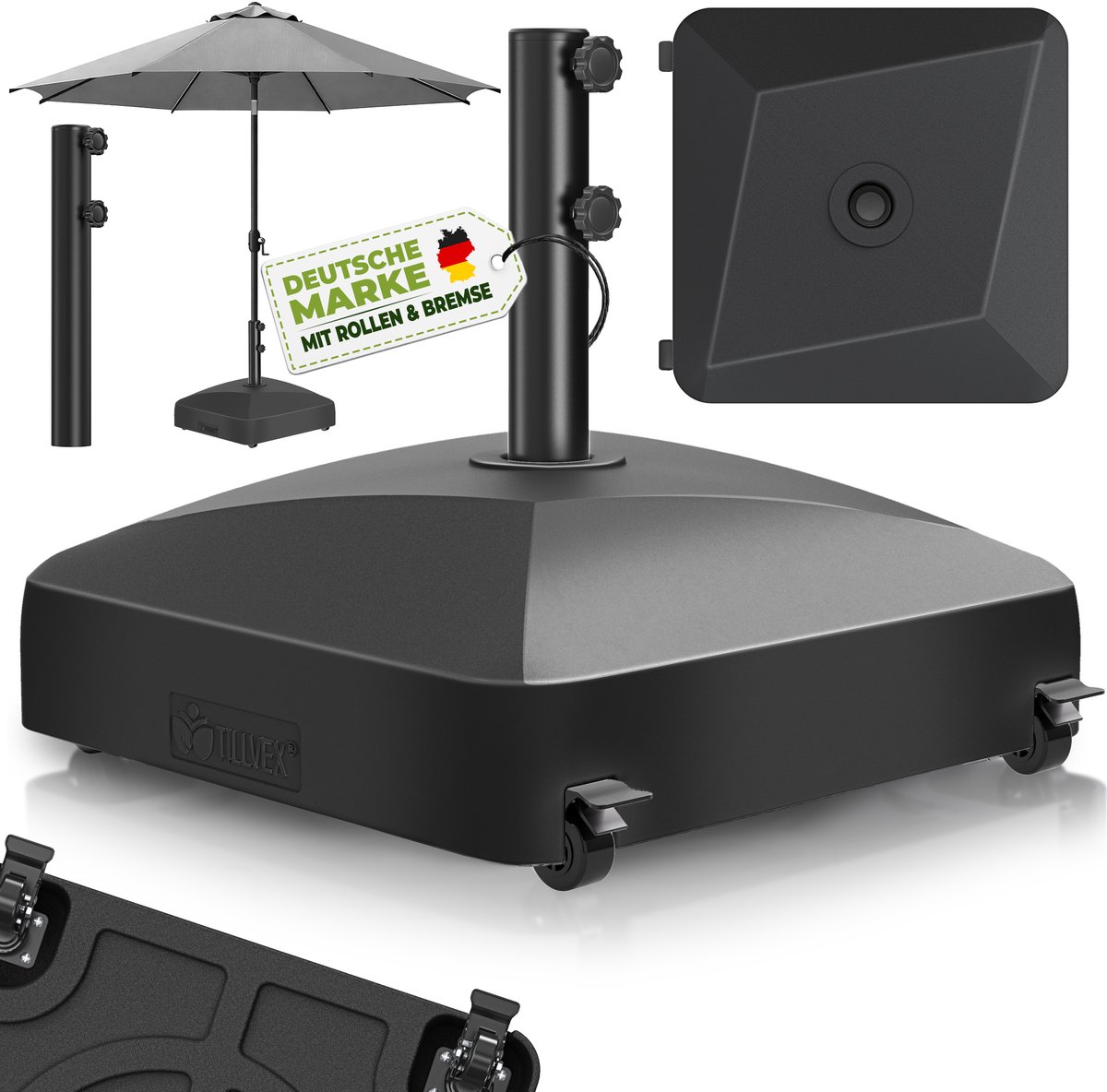 tillvex® Parasolvoet GRAVIA met wielen & remmen | Parasolstandaard vulbaar 37L / 56kg | Parasol Gewicht voor stokparasol & marktparasol Ø 1,8-3,7m | Weerbestendig & UV-bestendig (Zwart) (4262498583762)