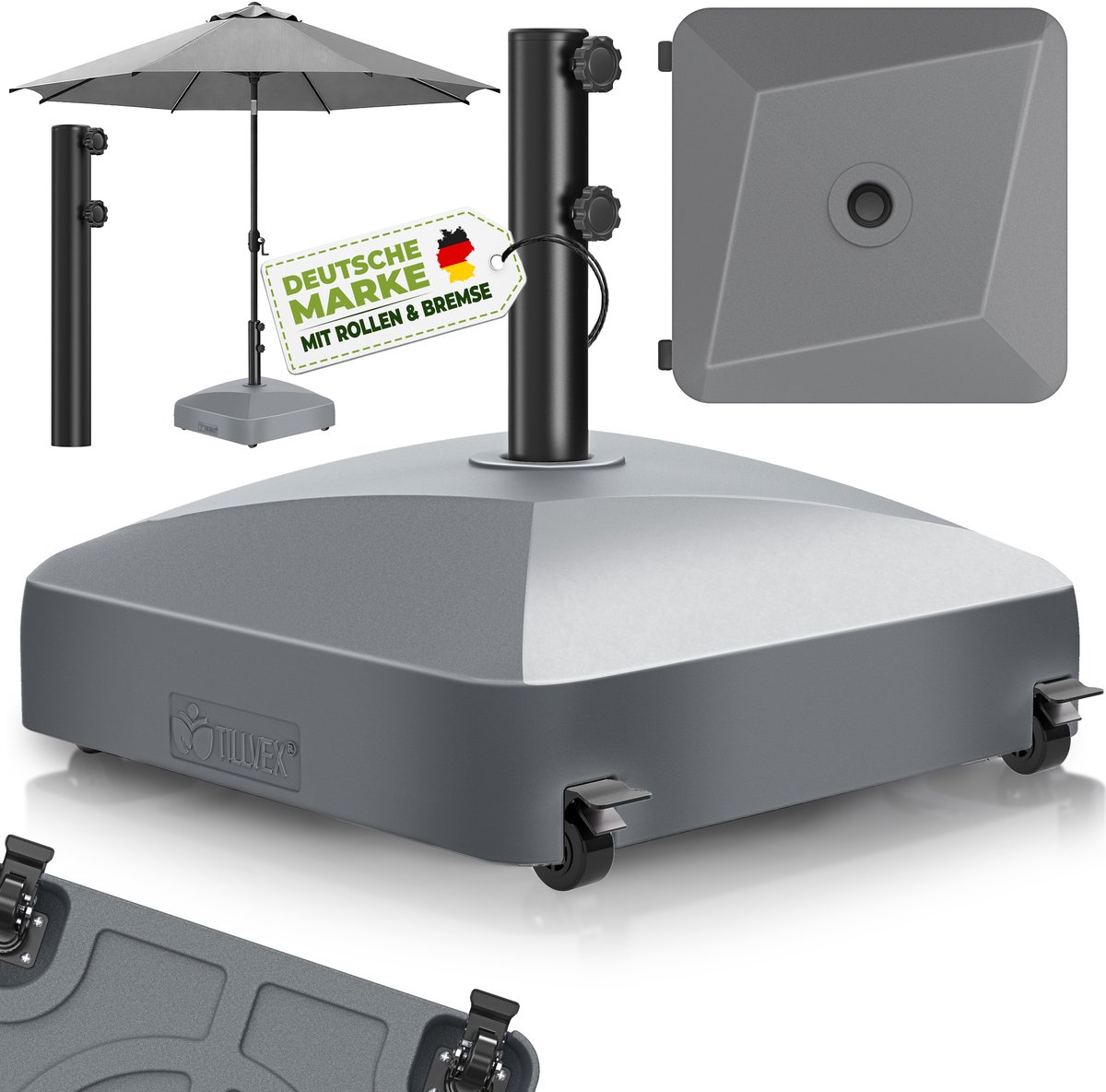 tillvex® Parasolvoet GRAVIA met wielen & remmen | Parasolstandaard vulbaar 37L / 56kg | Parasol Gewicht voor stokparasol & marktparasol Ø 1,8-3,7m | Weerbestendig & UV-bestendig (Antraciet) (4262498583779)