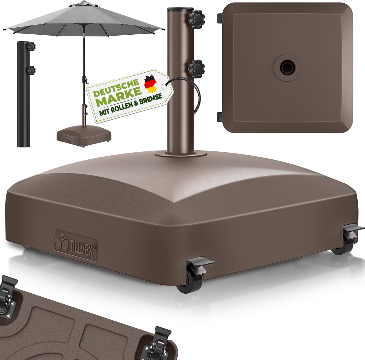 tillvex® Parasolvoet PAVERA met wielen & remmen | Parasolstandaard vulbaar 37L / 56kg | Parasol Gewicht voor stokparasol & marktparasol Ø 1,8-3,7m | Weerbestendig & UV-bestendig (Bruin) (4262498583731)