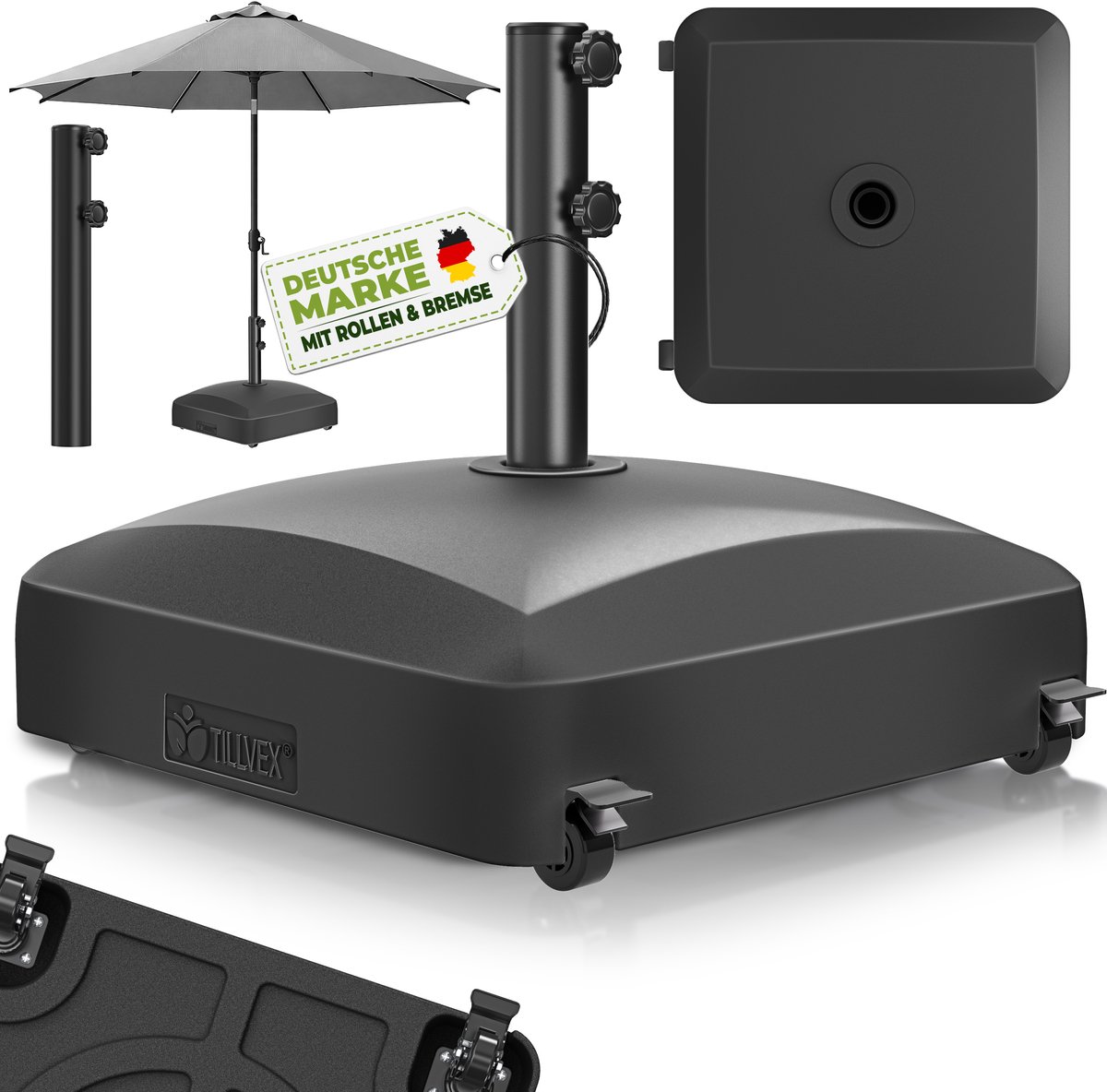 tillvex® Parasolvoet PAVERA met wielen & remmen | Parasolstandaard vulbaar 37L / 56kg | Parasol Gewicht voor stokparasol & marktparasol Ø 1,8-3,7m | Weerbestendig & UV-bestendig (Zwart) (4262498583700)