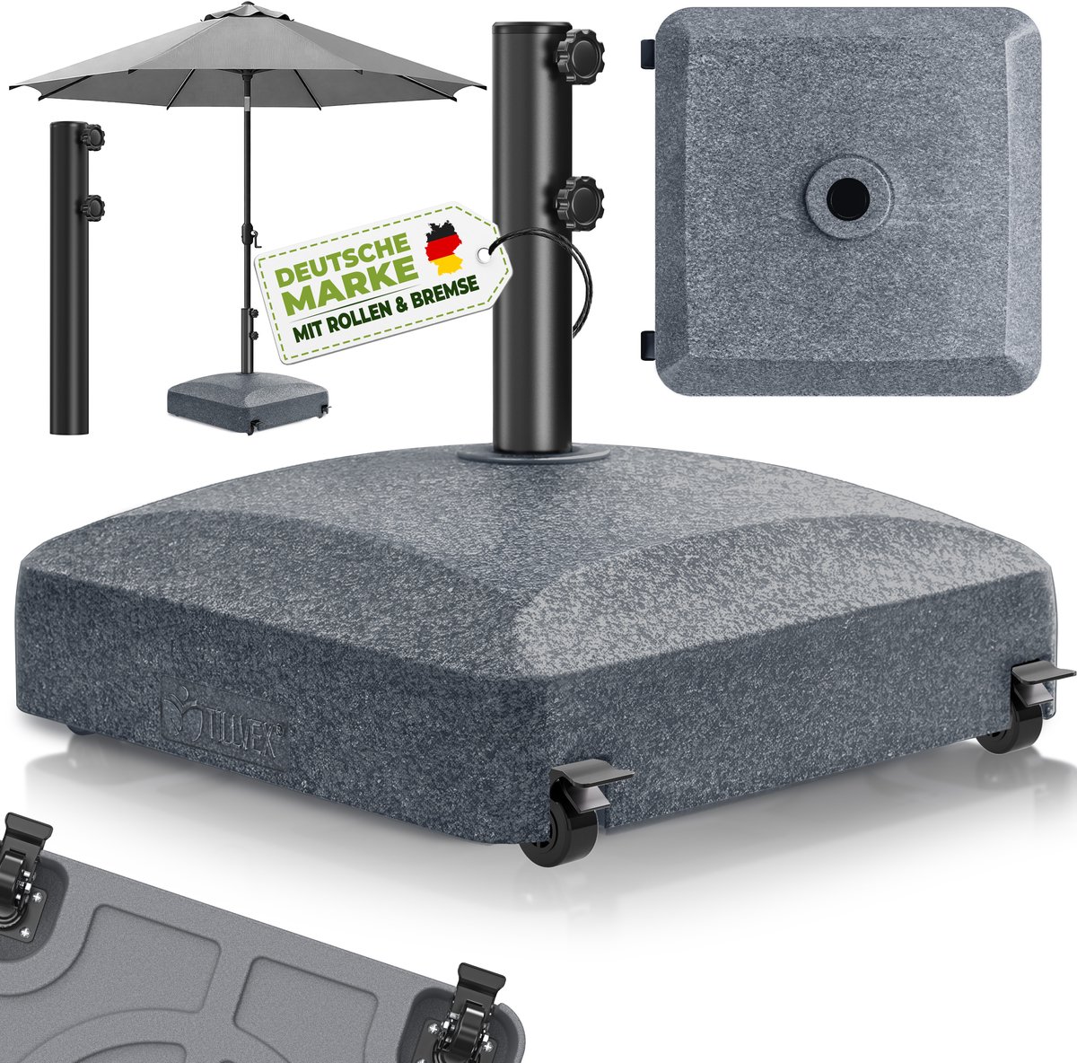 tillvex® Parasolvoet PAVERA met wielen & remmen | Parasolstandaard vulbaar 37L / 56kg | Parasol Gewicht voor stokparasol & marktparasol Ø 1,8-3,7m | Weerbestendig & UV-bestendig (Graniet-Optiek) (4262498581812)