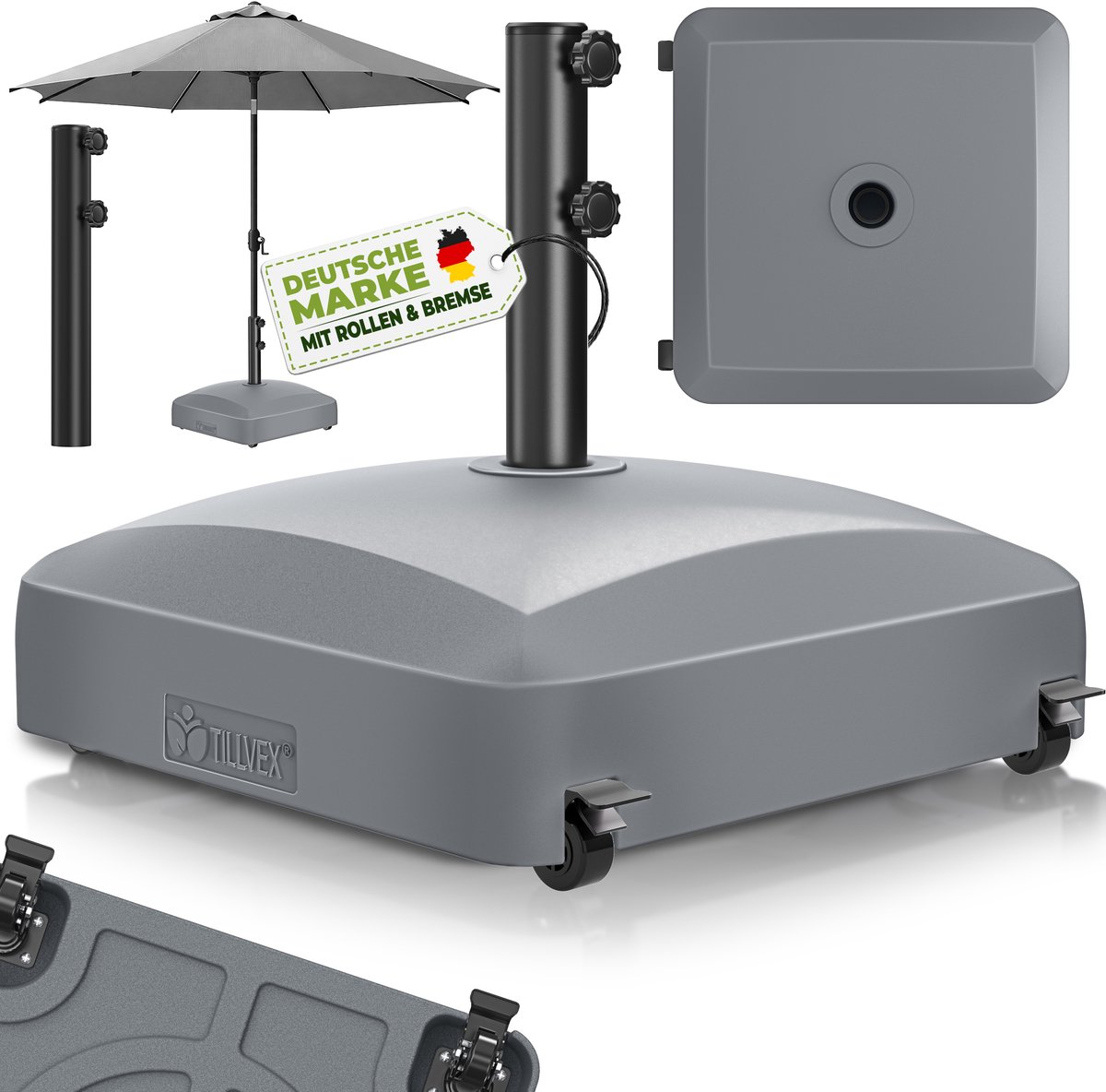 tillvex® Parasolvoet PAVERA met wielen & remmen | Parasolstandaard vulbaar 37L / 56kg | Parasol Gewicht voor stokparasol & marktparasol Ø 1,8-3,7m | Weerbestendig & UV-bestendig (Antraciet) (4262498583717)
