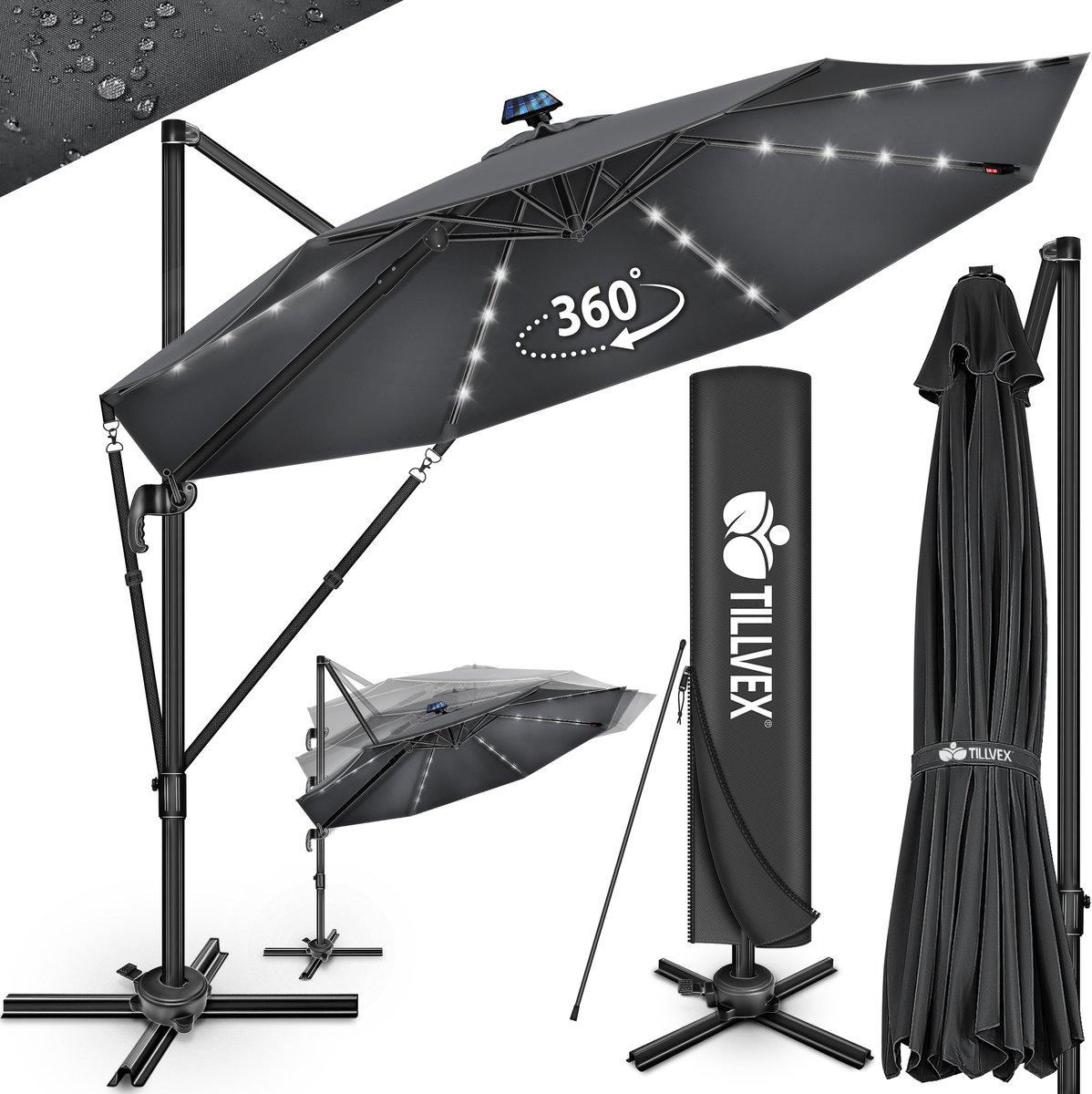 tillvex® Premium aluminium parasol, 330 cm, met afdekking en windbescherming, zweefparasol, 6-voudig verstelbaar, met zwengel, tuinparasol, 360 graden draaibaar, kantelbaar, UV50+ waterdicht, Groß (4262436442359)