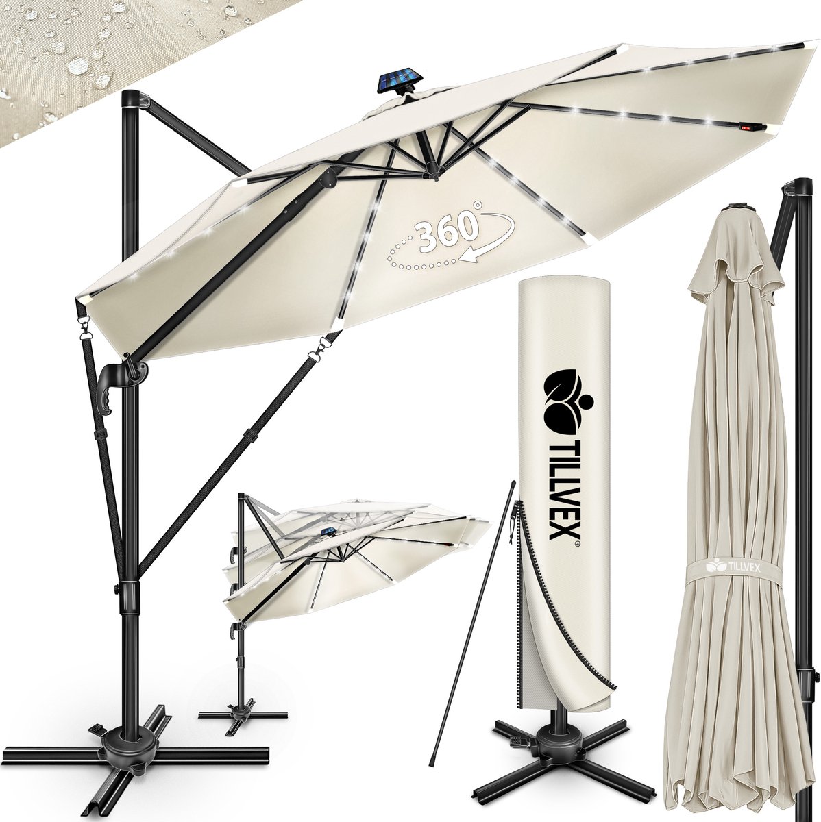 tillvex® Premium aluminium parasol, 330 cm, met afdekking en windbescherming, zweefparasol, 6-voudig verstelbaar, met zwengel, tuinparasol, 360 graden draaibaar, kantelbaar, UV50+ waterdicht, Groß (4262436442366)