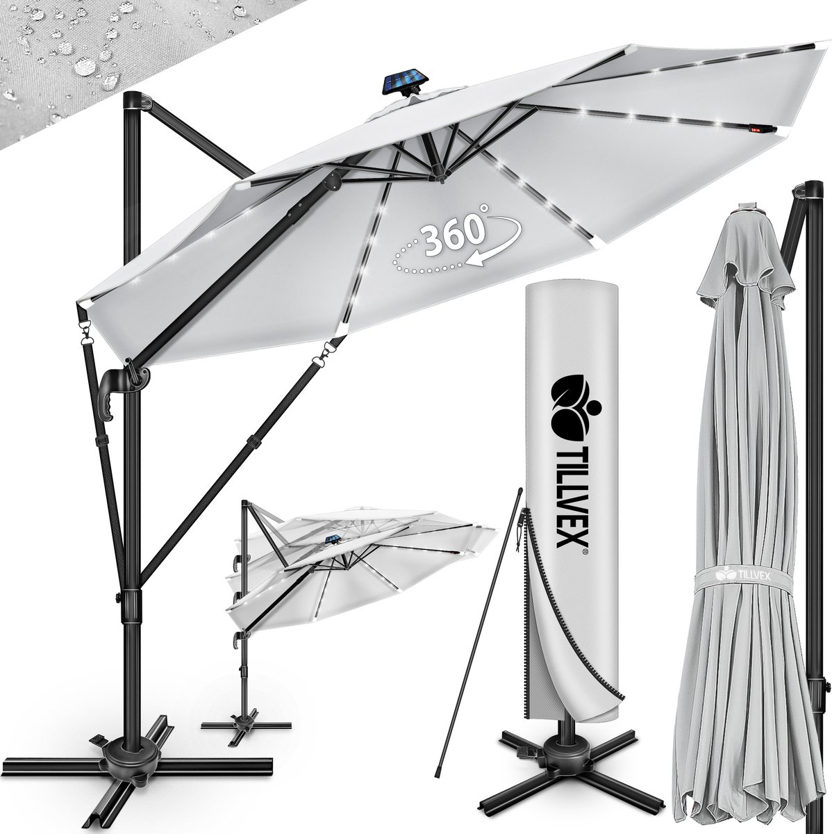 tillvex® Premium aluminium parasol, 330 cm, met afdekking en windbescherming, zweefparasol, 6-voudig verstelbaar, met zwengel, tuinparasol, 360 graden draaibaar, kantelbaar, UV50+ waterdicht, Groß (4262436442380)