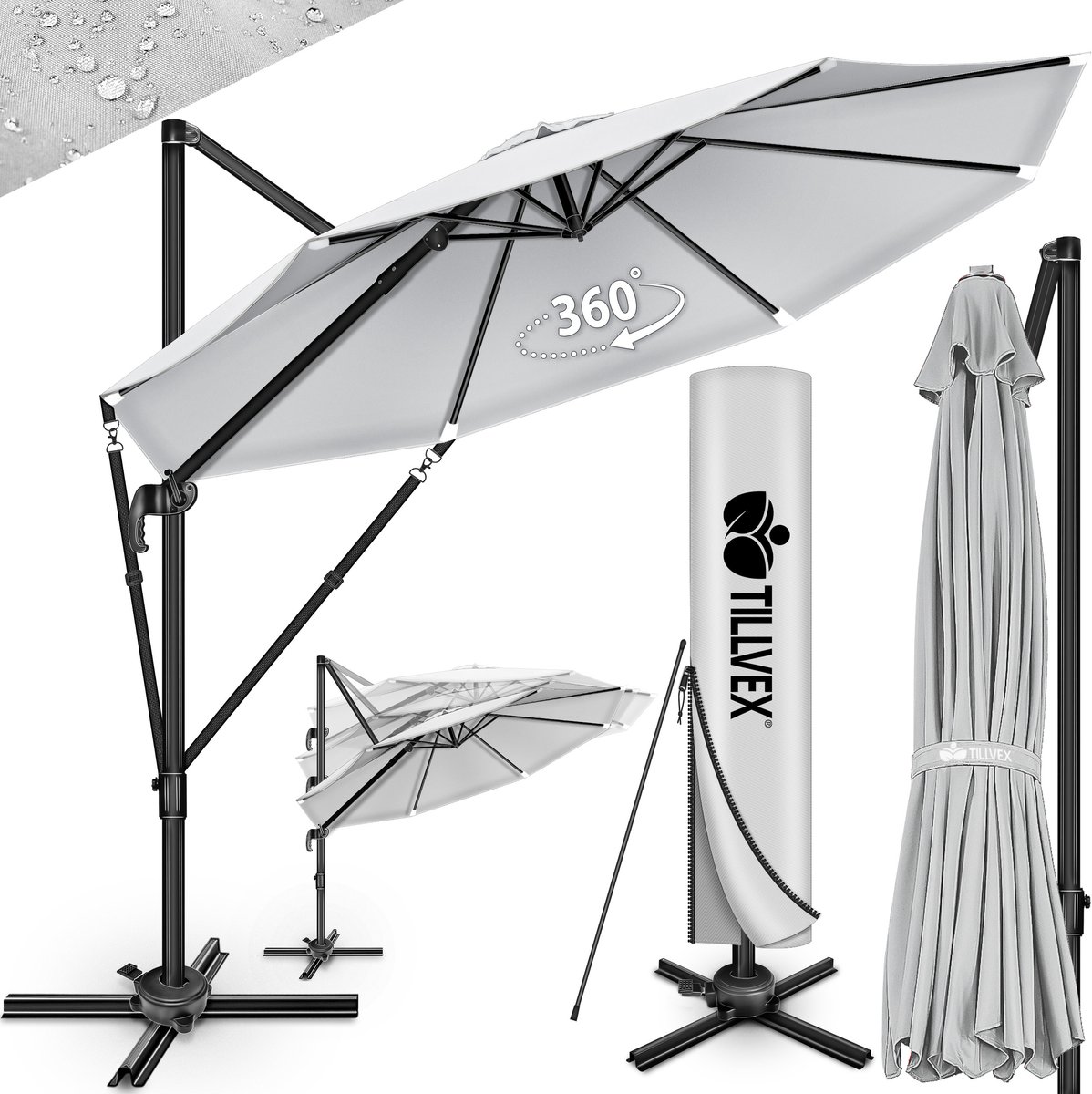 tillvex® Premium aluminium parasol, 330 cm, met afdekking en windbescherming, zweefparasol, 6-voudig verstelbaar, met zwengel, tuinparasol, 360 graden draaibaar, kantelbaar, UV50+ waterdicht, grijs (4262436442328)
