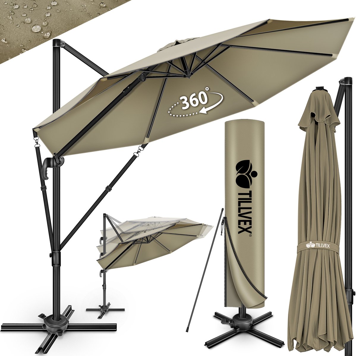 tillvex® Premium aluminium parasol, 330 cm, met afdekking en windbescherming, zweefparasol, 6-voudig verstelbaar, met zwengel, tuinparasol, 360 graden draaibaar, kantelbaar, UV50+ waterdicht, bruin (4262436442311)