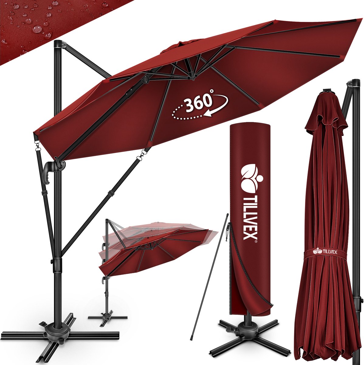 tillvex® Premium aluminium parasol, 330 cm, met afdekking en windbescherming, zweefparasol, 6-voudig verstelbaar, met zwengel, tuinparasol, 360 graden draaibaar, kantelbaar, UV50+ waterdicht, rood (4262436442274)