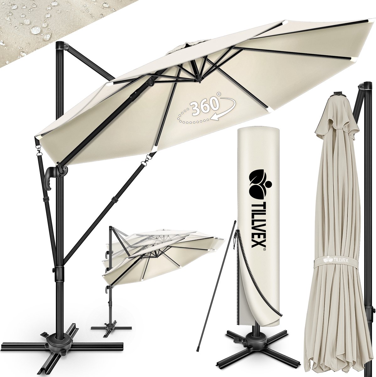 tillvex® Premium aluminium parasol, 330 cm, met afdekking en windbescherming, zweefparasol, 6-voudig verstelbaar, met zwengel, tuinparasol, 360 graden draaibaar, kantelbaar, UV50+ waterdicht, beige (4262436442304)