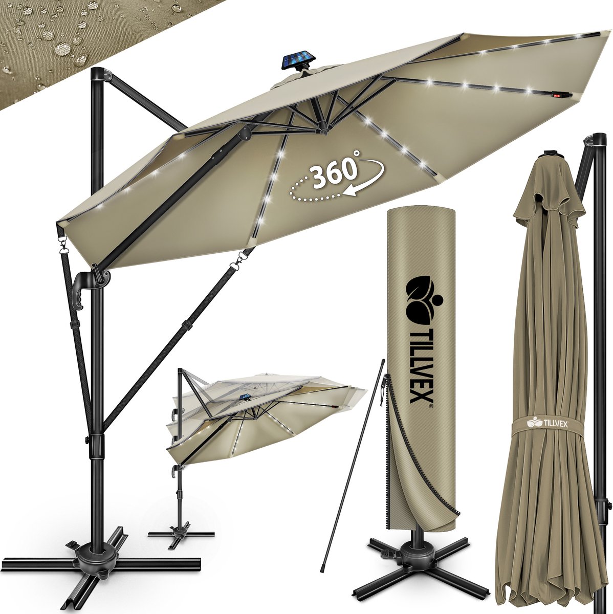 tillvex® Premium aluminium parasol, 330 cm, met afdekking en windbescherming, zweefparasol, 6-voudig verstelbaar, met zwengel, tuinparasol, 360 graden draaibaar, kantelbaar, UV50+ waterdicht, Groß (4262436442373)