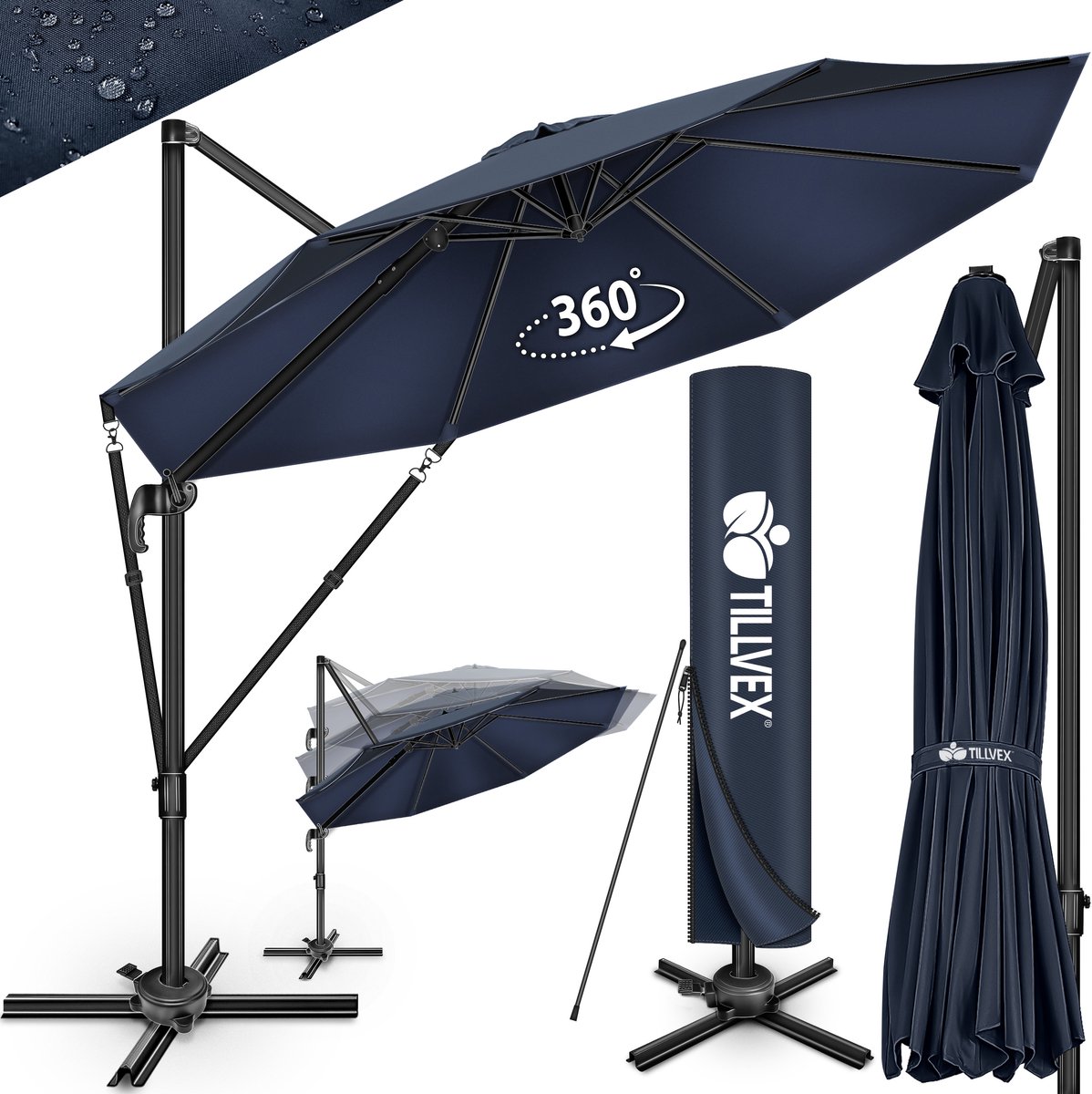 tillvex® Premium zeshoekige zweefparasol 330 cm met zwengel | Met afdekking en windbescherming | 7-voudig verstelbare crankparasol | Tuinparasol van aluminium, 360 graden draaibaar, Marineblauw/zonder (4262436442281)