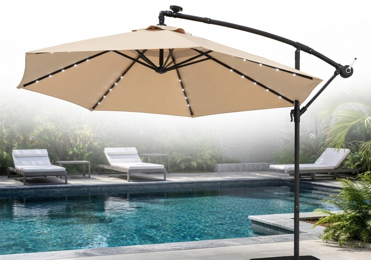 300 cm Zweefparasol met LED Solar Verlichting, Zandzakken & Zwengel - Windbestendige Luxe Tuin- en Terrasparasol met UV-bescherming en 8 Ribben (Beige) - Medahomestore (9504938925455)