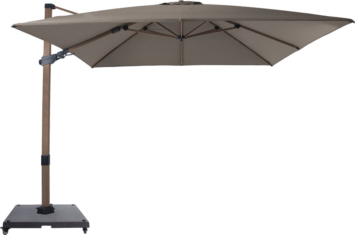 AXI Apollo Premium Zweefparasol 300x300 cm incl parasolvoet met wielen Eikenlook/taupe - Gepoedercoat aluminium frame met kruisvoet - 360° Draaibaar - Kantelbaar - UV werend doek (8721399283226)
