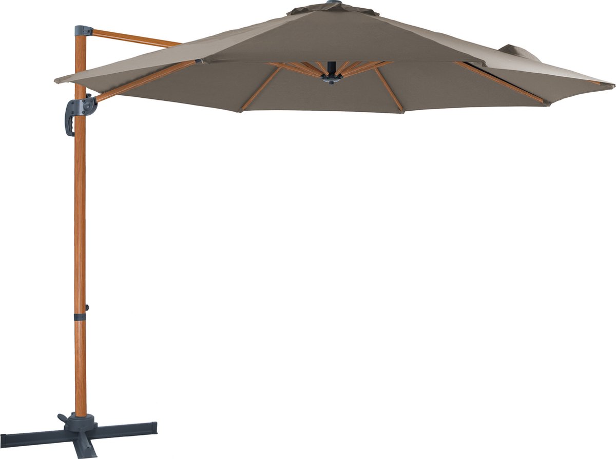 AXI Marisol Zweefparasol Ø 300cm Houtlook/taupe incl. Hoes - Gepoedercoat aluminium frame met kruisvoet - 360° Draaibaar - Kantelbaar - UV werend doek (8720365063442)