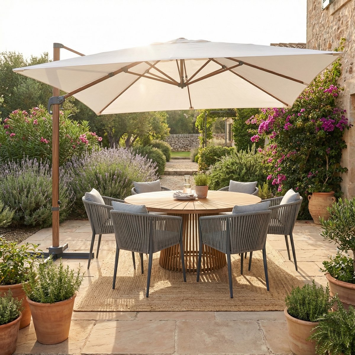 AXI Nima Zweefparasol 300x300 cm Complete set incl. parasolvoet met wielen Eikenlook/beige - Gepoedercoat aluminium frame met kruisvoet - 360° Draaibaar - Kantelbaar - UV werend doek (8721399283219)