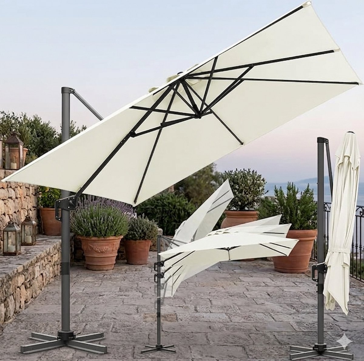 Ampelschirm 300 x 300 cm Vierkant XL, 360° Draaibaar & Kantelbaar, UV50+ Waterafstotend, Aluminium Zweefparasol met Kurbel en Kruisvoet voor Tuin & Terras, Antraciet - Urbanhome (9501681376756)