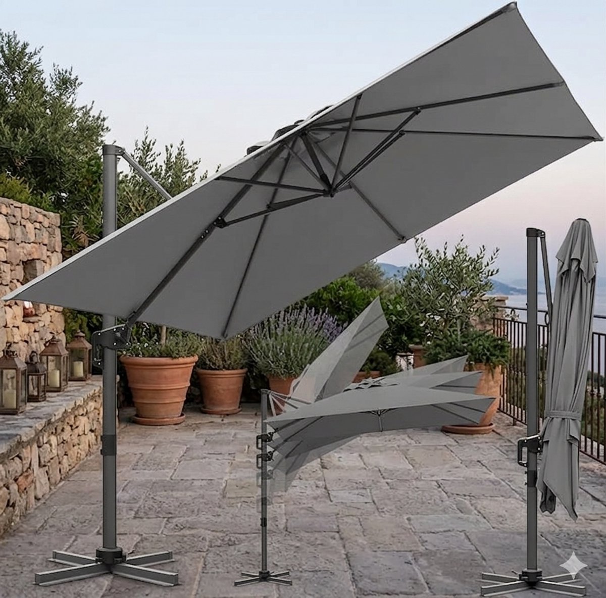 Ampelschirm 300 x 300 cm Vierkant XL, 360° Draaibaar & Kantelbaar, UV50+ Waterafstotend, Aluminium Zweefparasol met Kurbel en Kruisvoet voor Tuin & Terras, Antraciet - Urbanhome (9505395924531)