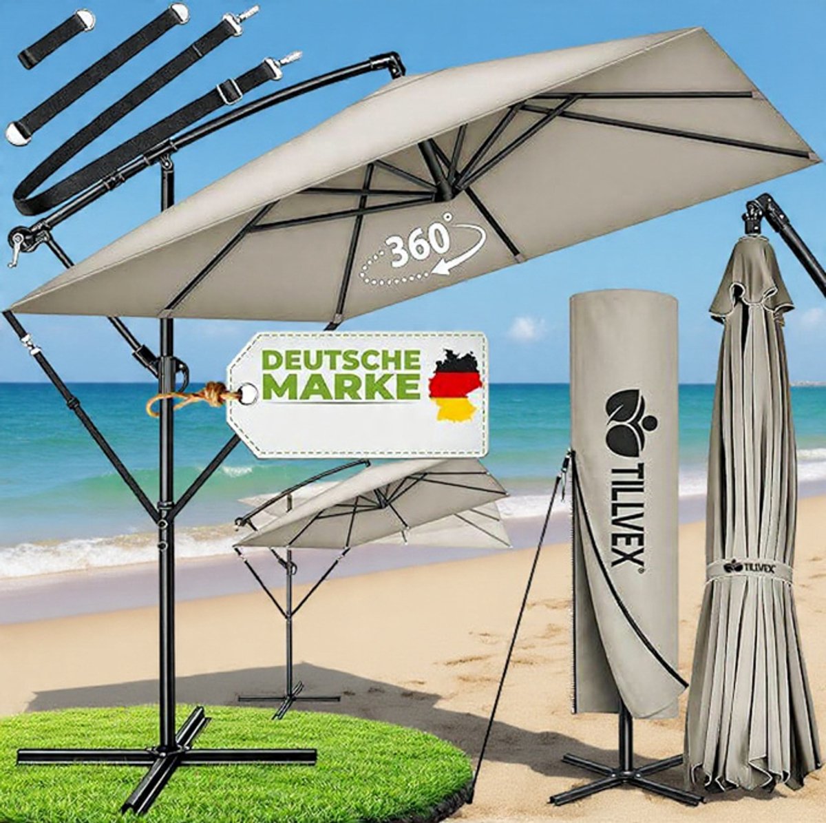 Ampelschirm Rechthoekig 330 cm XL, 360° Draaibaar & Kantelbaar (90-135°), UPF 50+ UV-Bescherming, Waterdichte Aluminium Zweefparasol met Kurbel, Standaard en Beschermhoes, voor Tuin & Terras - Urbanhome (9502334764548)