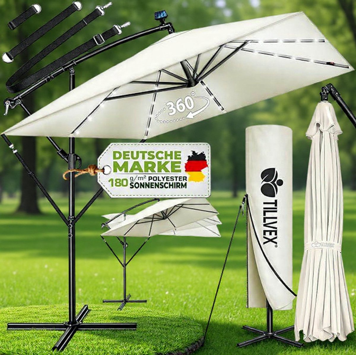 Ampelschirm Rechthoekig 330 cm XL, 360° Draaibaar & Kantelbaar (90-135°), UPF 50+ UV-Bescherming, Waterdichte Aluminium Zweefparasol met Kurbel, Standaard en Beschermhoes, voor Tuin & Terras - Urbanhome (9504488297910)