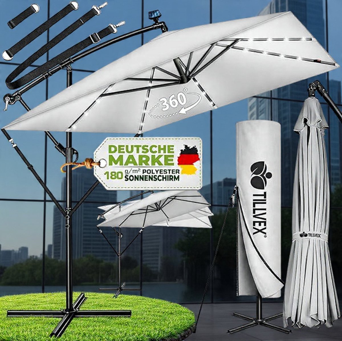 Ampelschirm Rechthoekig 330 cm XL, 360° Draaibaar & Kantelbaar (90-135°), UPF 50+ UV-Bescherming, Waterdichte Aluminium Zweefparasol met Kurbel, Standaard en Beschermhoes, voor Tuin & Terras - Urbanhome (9509498364881)
