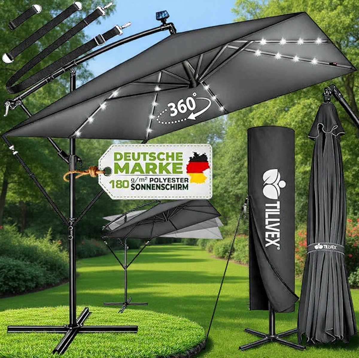 Ampelschirm Rechthoekig 330 cm XL, 360° Draaibaar & Kantelbaar (90-135°), UPF 50+ UV-Bescherming, Waterdichte Aluminium Zweefparasol met Kurbel, Standaard en Beschermhoes, voor Tuin & Terras - Urbanhome (9507635566945)