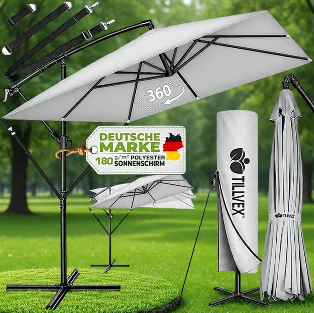 Ampelschirm Rechthoekig 330 cm XL, 360° Draaibaar & Kantelbaar (90-135°), UPF 50+ UV-Bescherming, Waterdichte Aluminium Zweefparasol met Kurbel, Standaard en Beschermhoes, voor Tuin & Terras - Urbanhome (9504589943891)