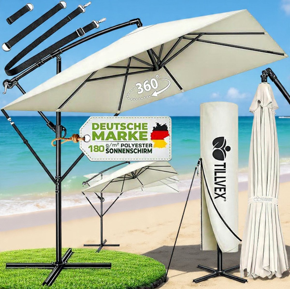 Ampelschirm Rechthoekig 330 cm XL, 360° Draaibaar & Kantelbaar (90-135°), UPF 50+ UV-Bescherming, Waterdichte Aluminium Zweefparasol met Kurbel, Standaard en Beschermhoes, voor Tuin & Terras - Urbanhome (9508463945124)