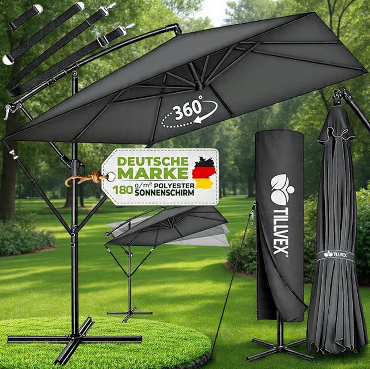 Ampelschirm Rechthoekig 330 cm XL, 360° Draaibaar & Kantelbaar (90-135°), UPF 50+ UV-Bescherming, Waterdichte Aluminium Zweefparasol met Kurbel, Standaard en Beschermhoes, voor Tuin & Terras - Urbanhome (9509868693733)