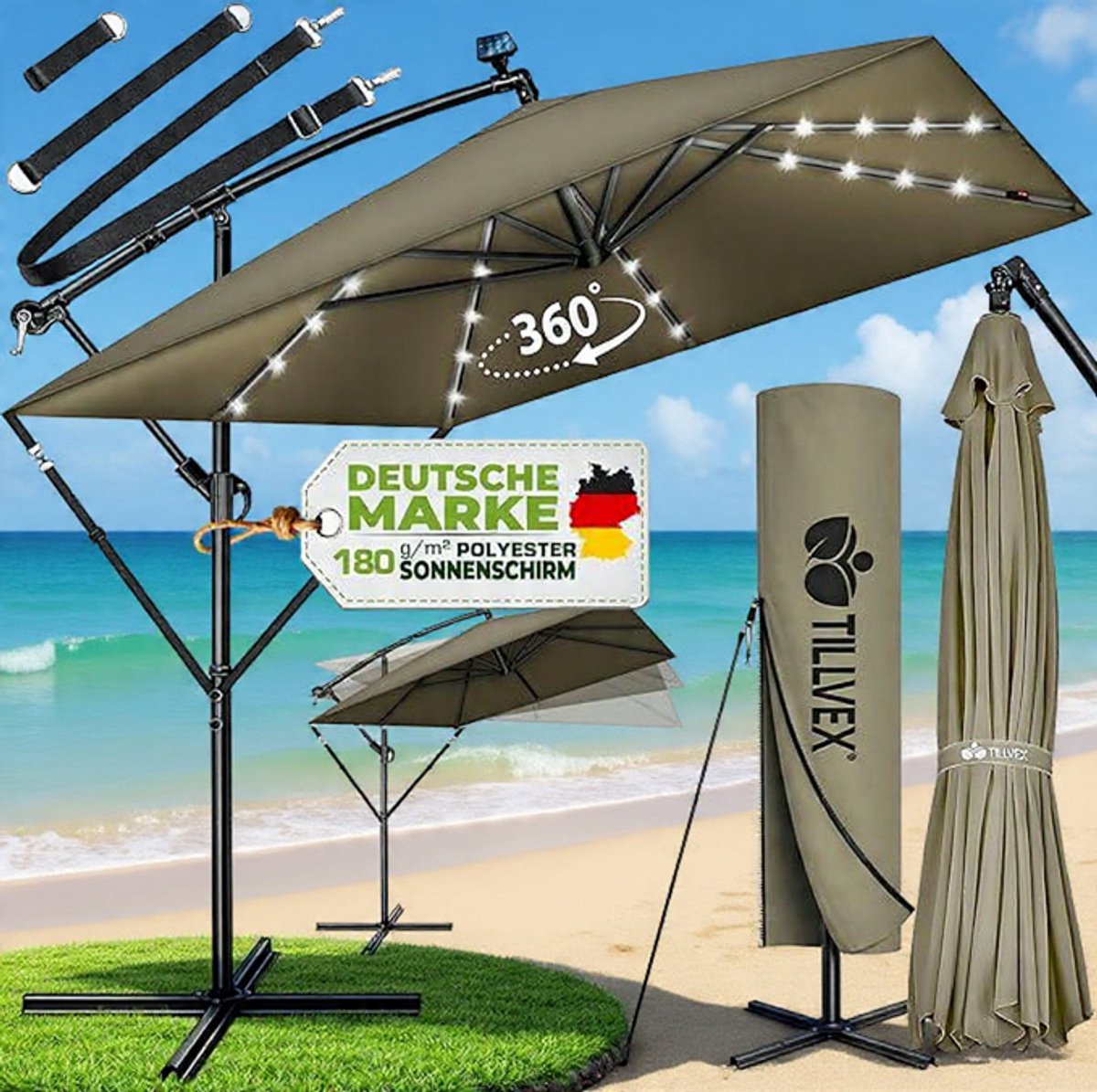 Ampelschirm Rechthoekig 330 cm XL, 360° Draaibaar & Kantelbaar (90-135°), UPF 50+ UV-Bescherming, Waterdichte Aluminium Zweefparasol met Kurbel, Standaard en Beschermhoes, voor Tuin & Terras - Urbanhome (9501955229320)