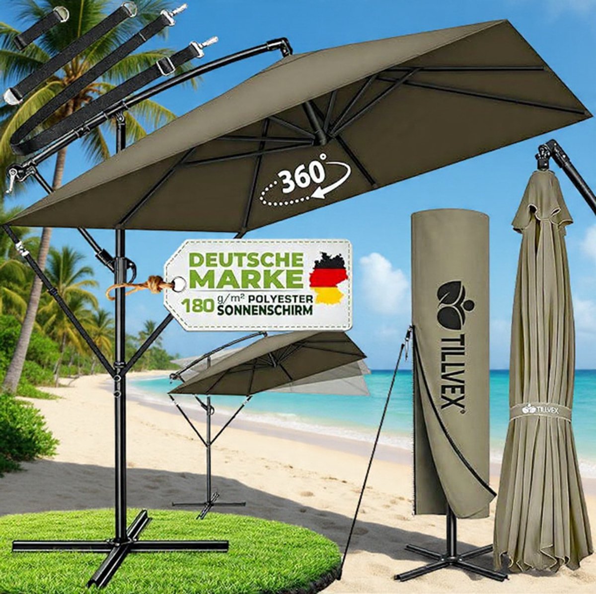 Ampelschirm Rechthoekig 330 cm XL, 360° Draaibaar & Kantelbaar (90-135°), UPF 50+ UV-Bescherming, Waterdichte Aluminium Zweefparasol met Kurbel, Standaard en Beschermhoes, voor Tuin & Terras - Urbanhome (9504587323695)