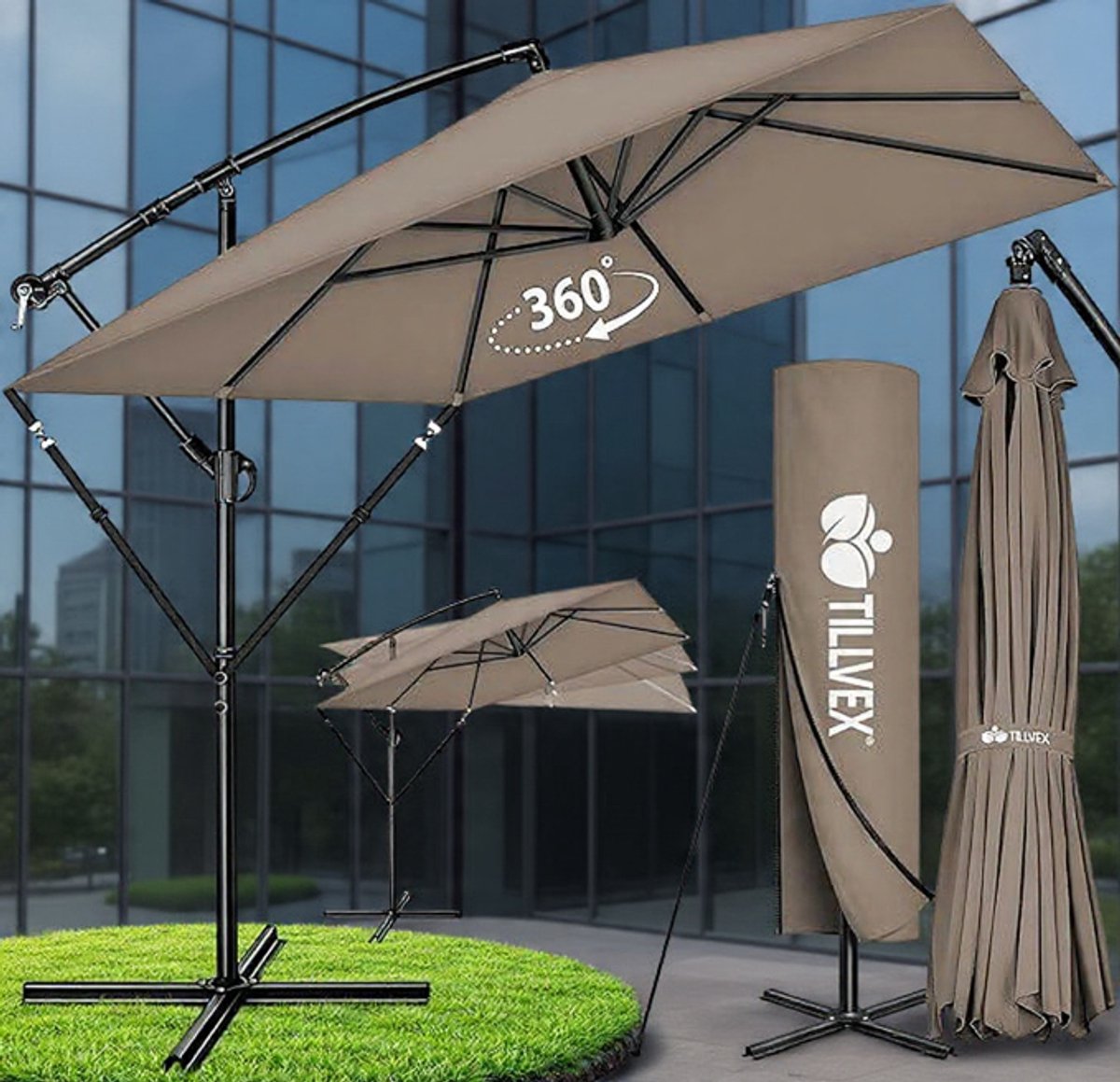 Ampelschirm Rechthoekig 330 cm XL, 360° Draaibaar & Kantelbaar (90-135°), UPF 50+ UV-Bescherming, Waterdichte Aluminium Zweefparasol met Kurbel, Standaard en Beschermhoes, voor Tuin & Terras - Urbanhome (9505956888579)