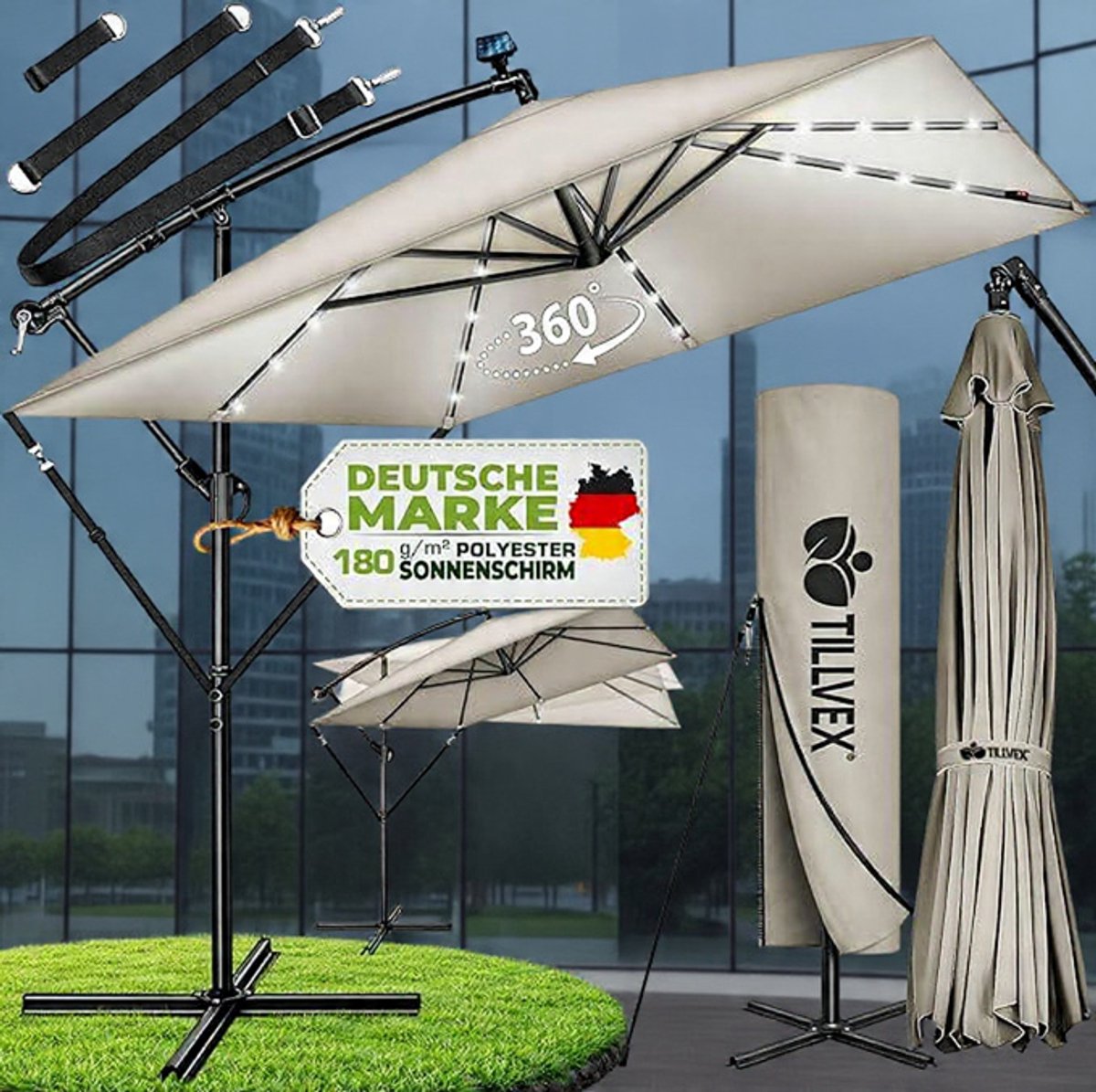 Ampelschirm Rechthoekig 330 cm XL, 360° Draaibaar & Kantelbaar (90-135°), UPF 50+ UV-Bescherming, Waterdichte Aluminium Zweefparasol met Kurbel, Standaard en Beschermhoes, voor Tuin & Terras - Urbanhome (9503885219396)