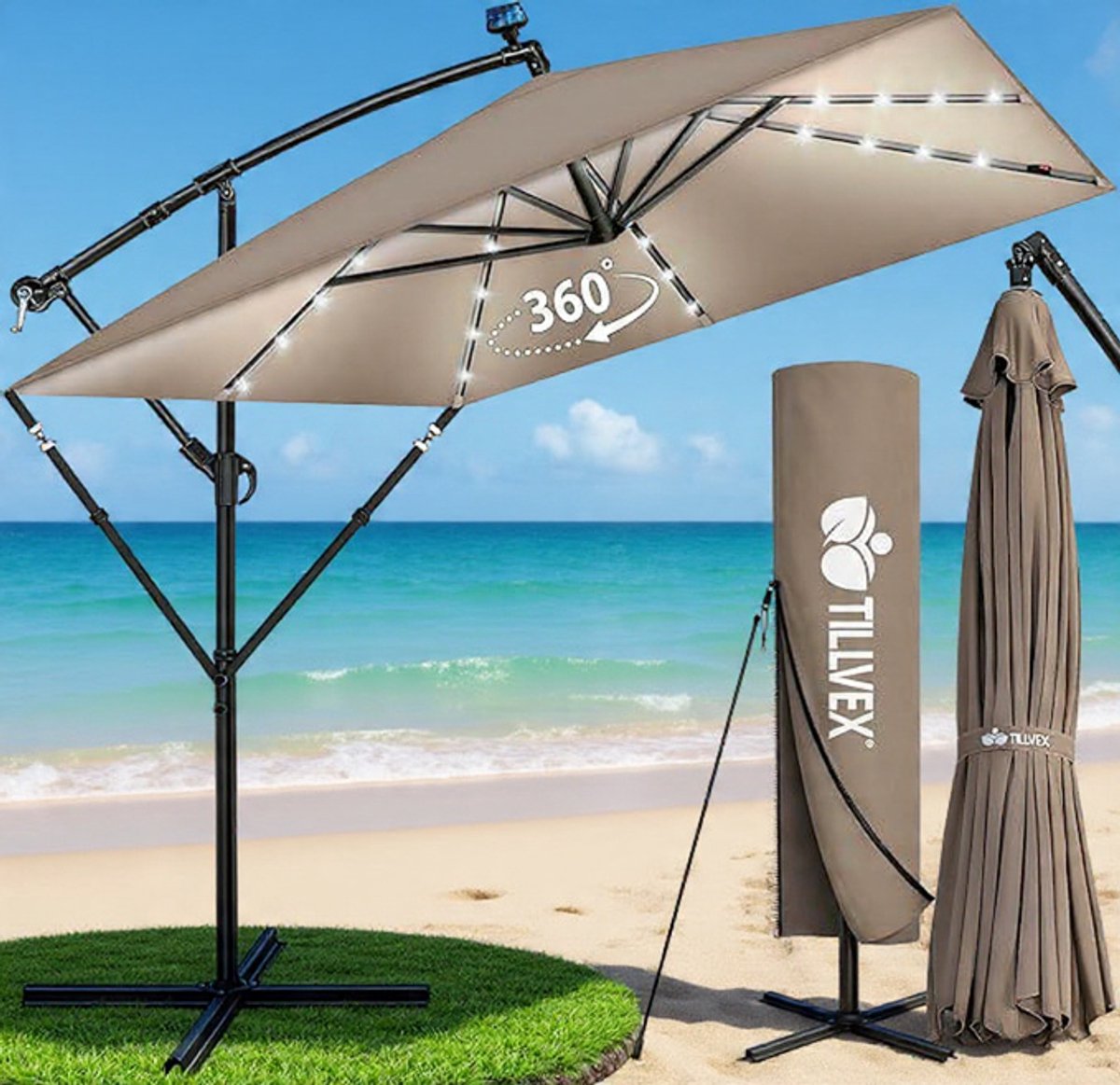 Ampelschirm Rechthoekig 330 cm XL, 360° Draaibaar & Kantelbaar (90-135°), UPF 50+ UV-Bescherming, Waterdichte Aluminium Zweefparasol met Kurbel, Standaard en Beschermhoes, voor Tuin & Terras - Urbanhome (9509368154413)