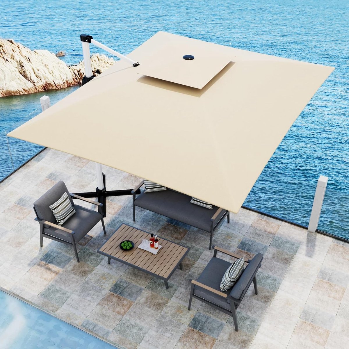 Balkonparasol 300x400 cm XL Zweefparasol met Voetpedaal & 360° Draaibaar - UV50+ Waterdicht Dubbellaags Doek, Aluminium Frame, Luxe Tuinparasol Beige - Nicolehome (9503828498796)