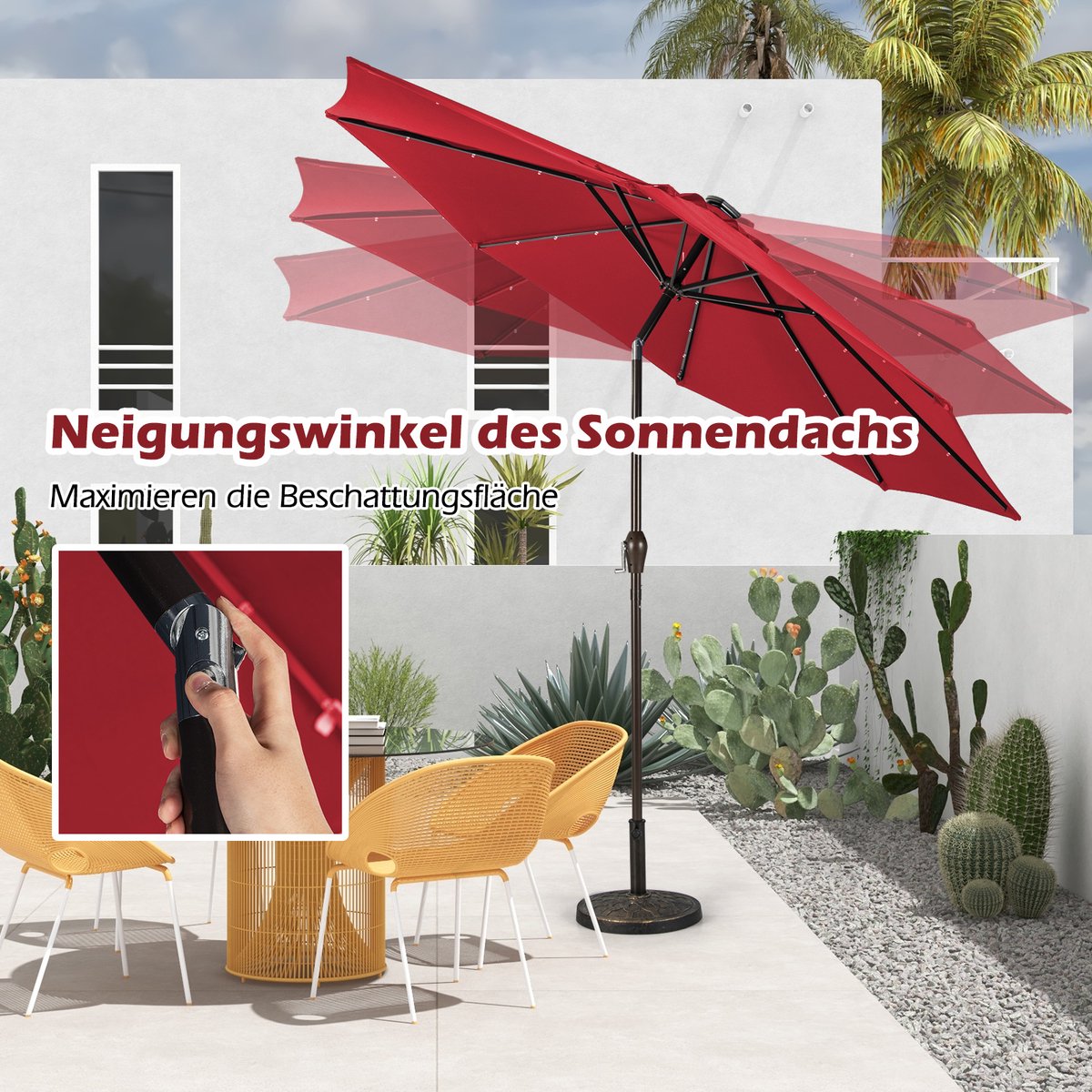 COSTWAY Ø300 cm led-parasol, tuinparasol, marktscherm met solarverlichting, terrasparasol achthoek, zwengelparasol, strandscherm, zweefparasol, hangscherm, kleurkeuze (0015706482548)